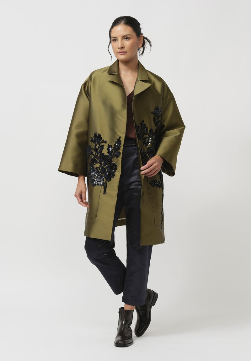 Biyan Taffeta Mikado Floral Coat in Army Green	