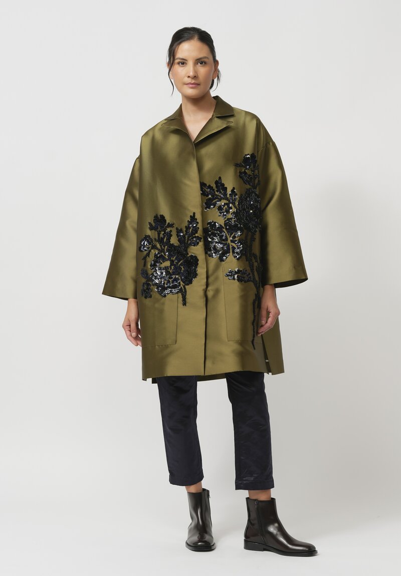 Biyan Taffeta Mikado Floral Coat in Army Green	