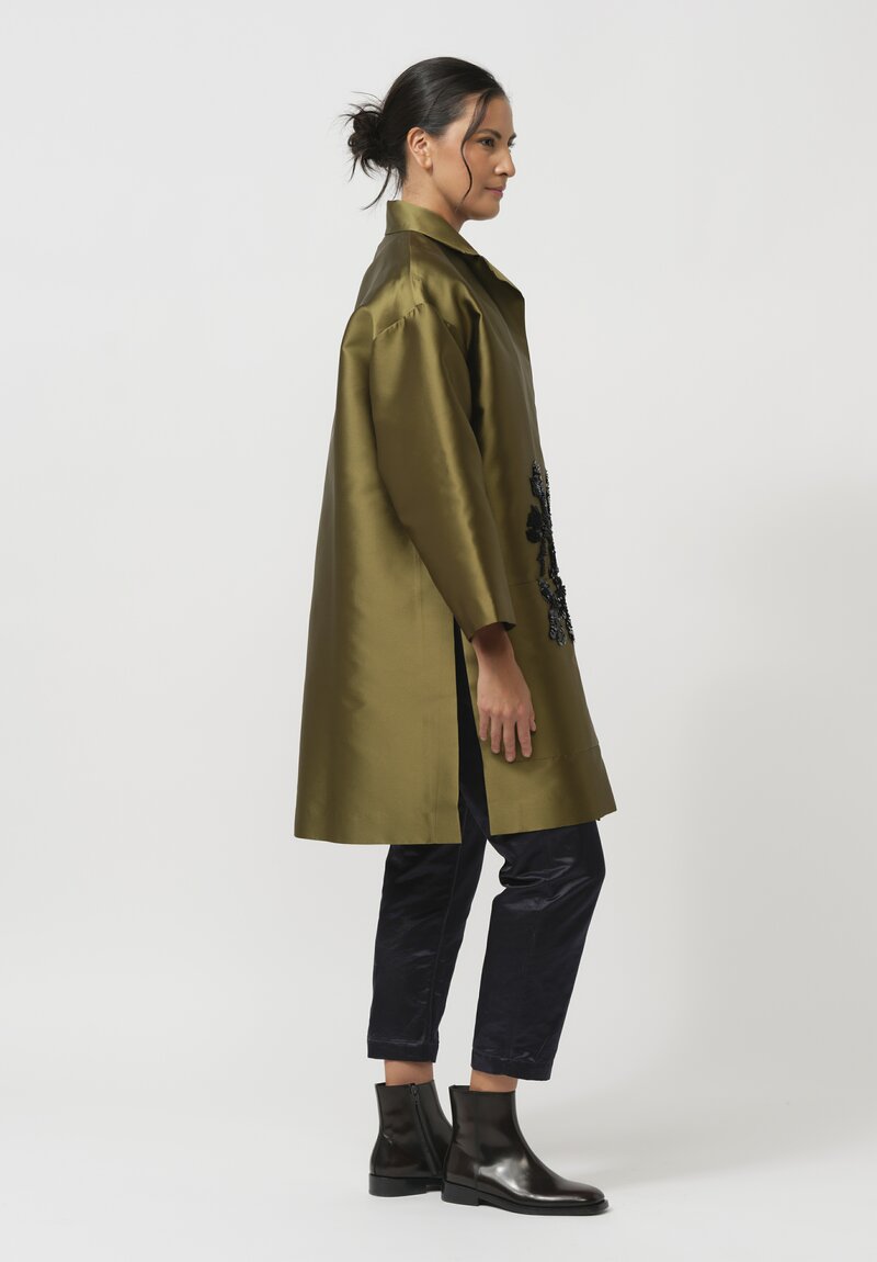 Biyan Taffeta Mikado Floral Coat in Army Green	