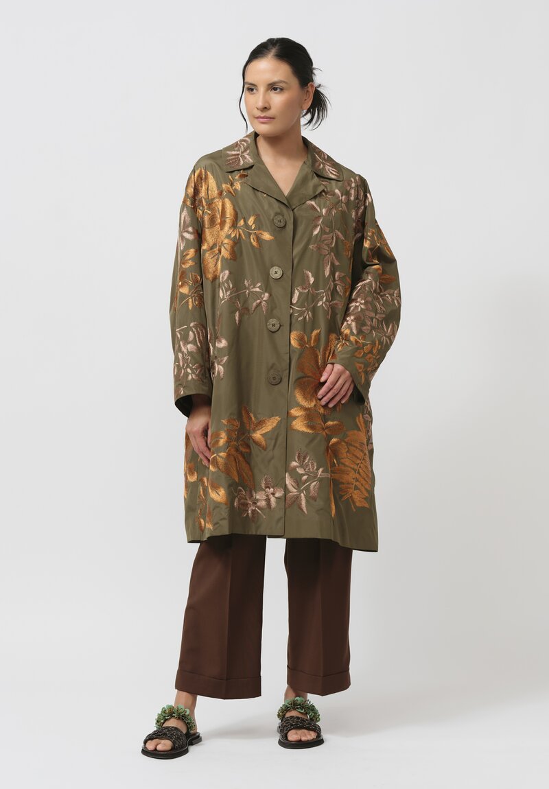 Biyan Leaf Embroidered Taffeta Trench Coat in Army Green	