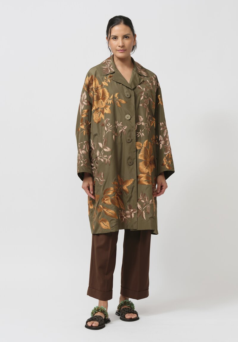 Biyan Leaf Embroidered Taffeta Trench Coat in Army Green	