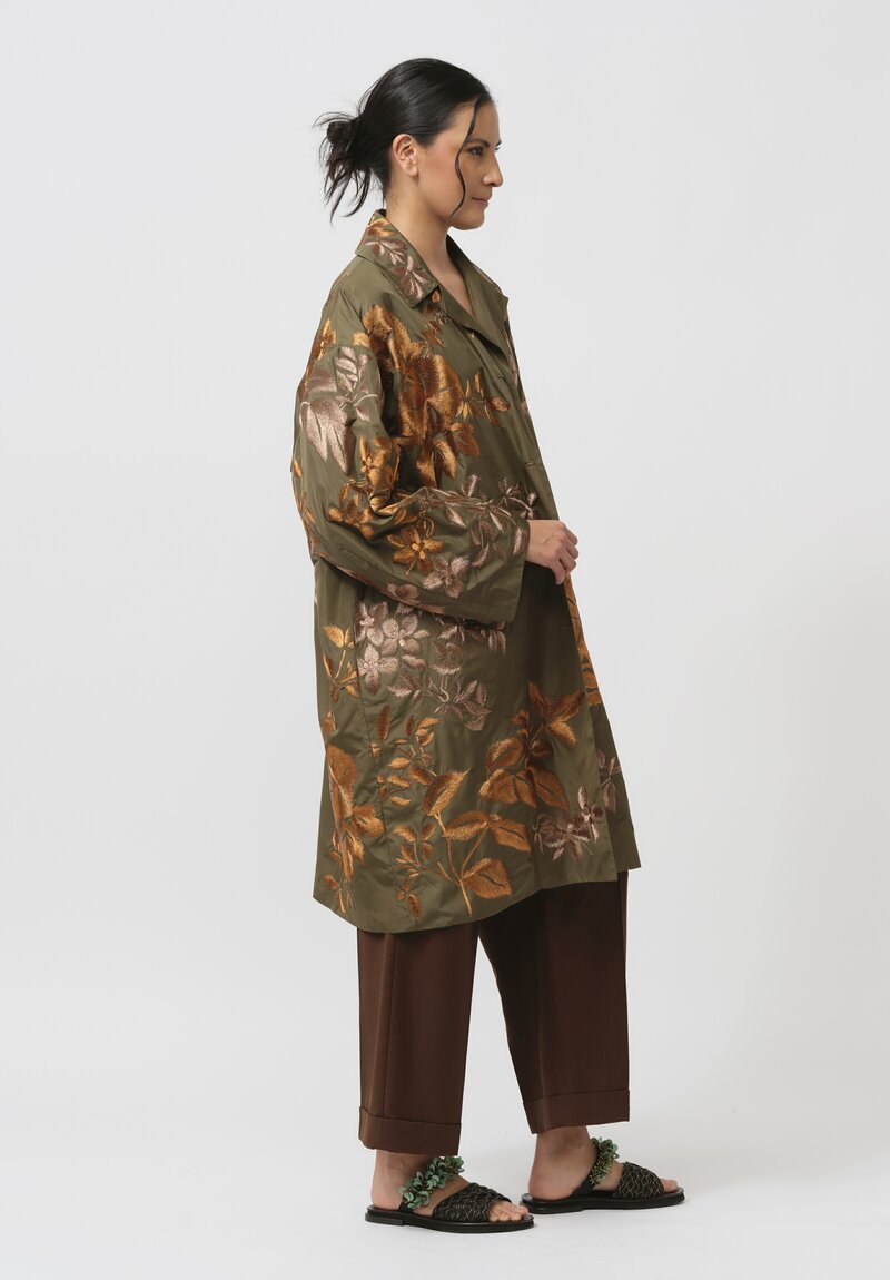 Biyan Leaf Embroidered Taffeta Trench Coat in Army Green	