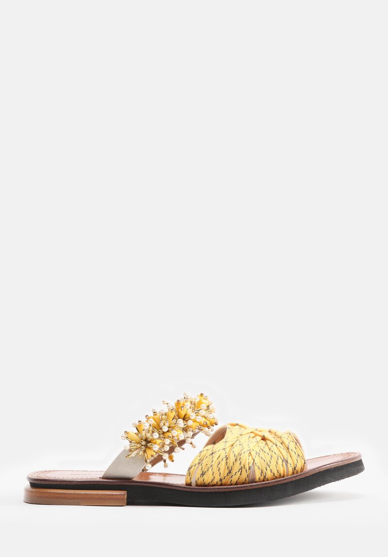 Dries Van Noten Woven Dual Band Lace Embellished Sandals in Yellow Tan