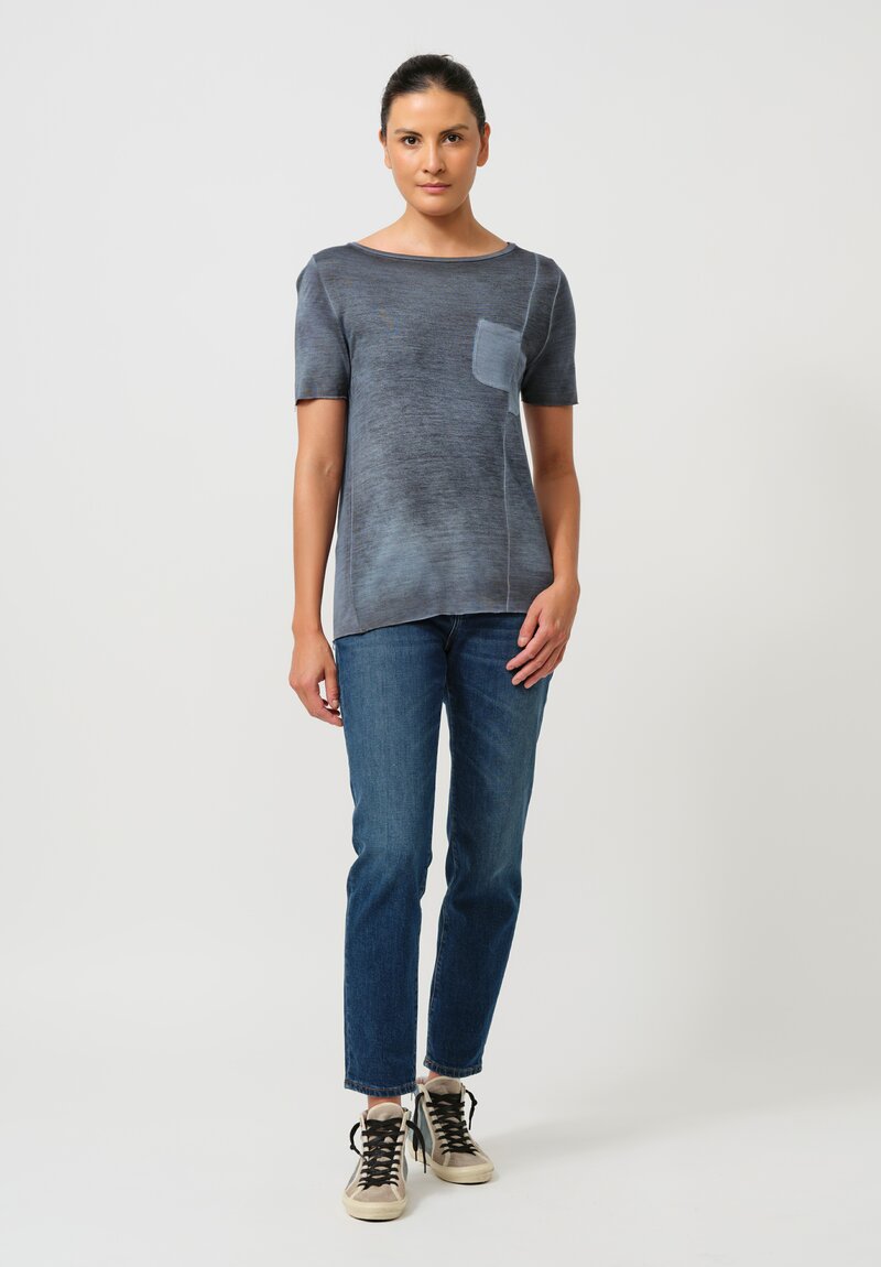 Avant Toi Hand-Painted Cut Pocket Tee in Nero Water Blue