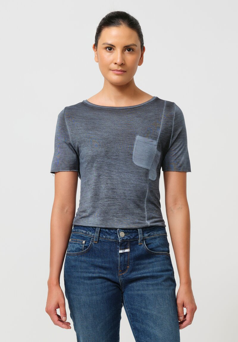 Avant Toi Hand-Painted Cut Pocket Tee in Nero & Water Blue