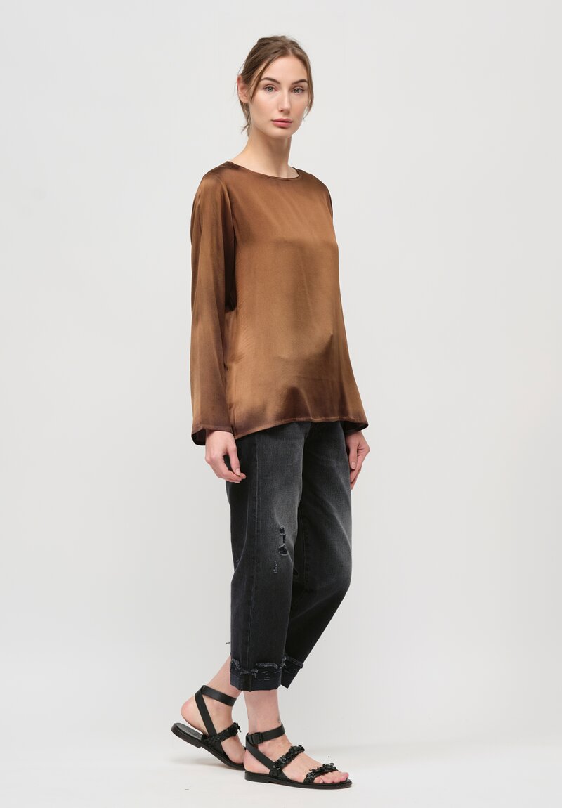 Avant Toi Hand Painted Silk Lunga Barchetta Top in Nero Sughero Brown	