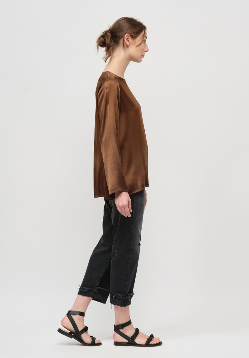 Avant Toi Hand Painted Silk Lunga Barchetta Top in Nero Sughero Brown	