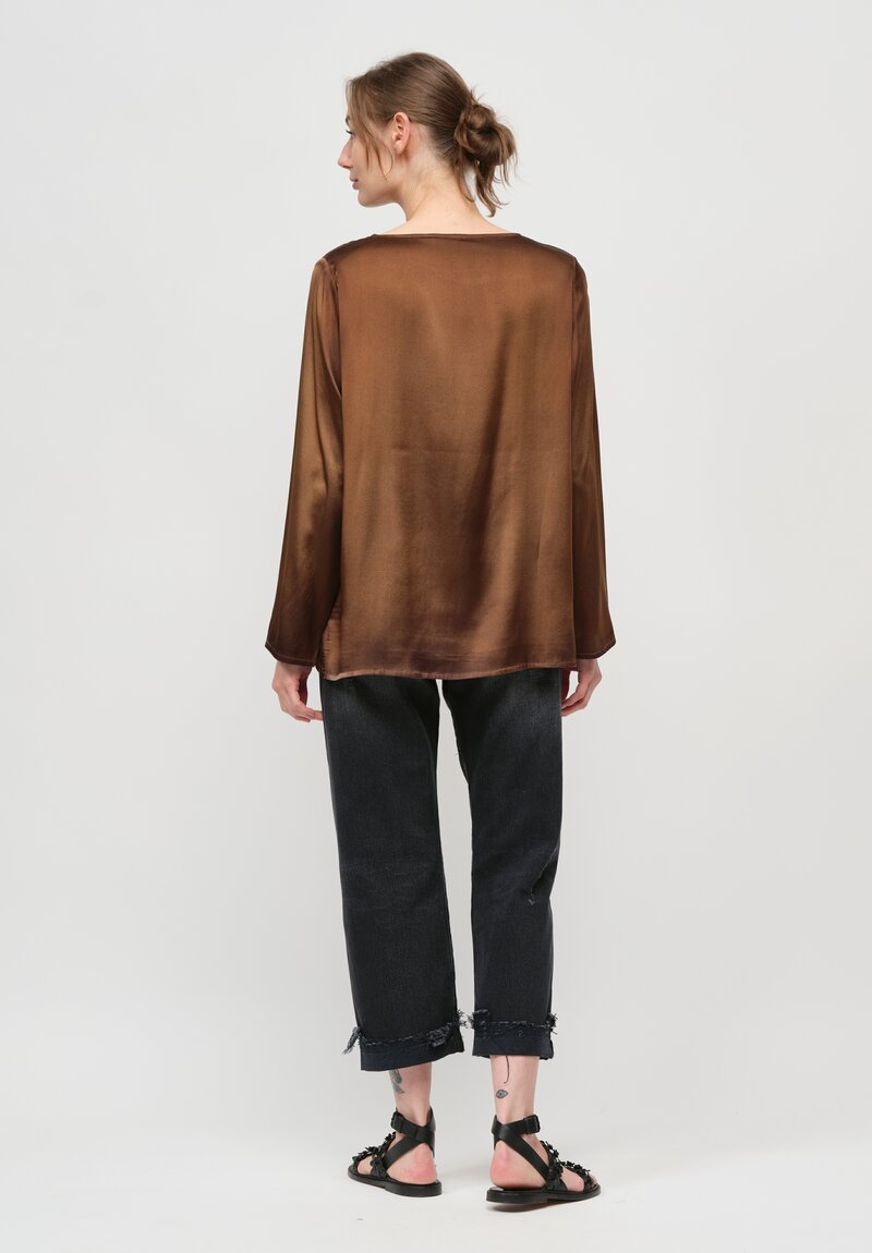 Avant Toi Hand Painted Silk Lunga Barchetta Top in Nero Sughero Brown	