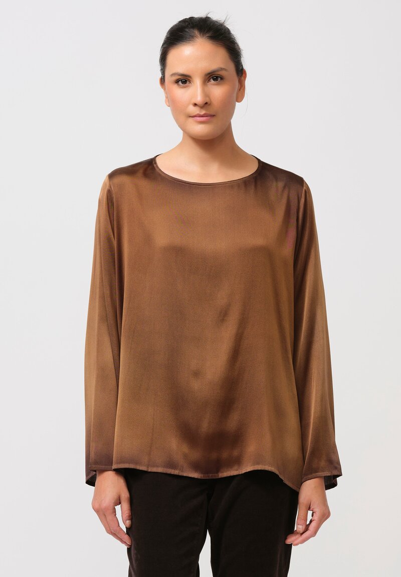 Avant Toi Hand-Painted Silk Lunga Barchetta Top in Nero Sughero Brown	