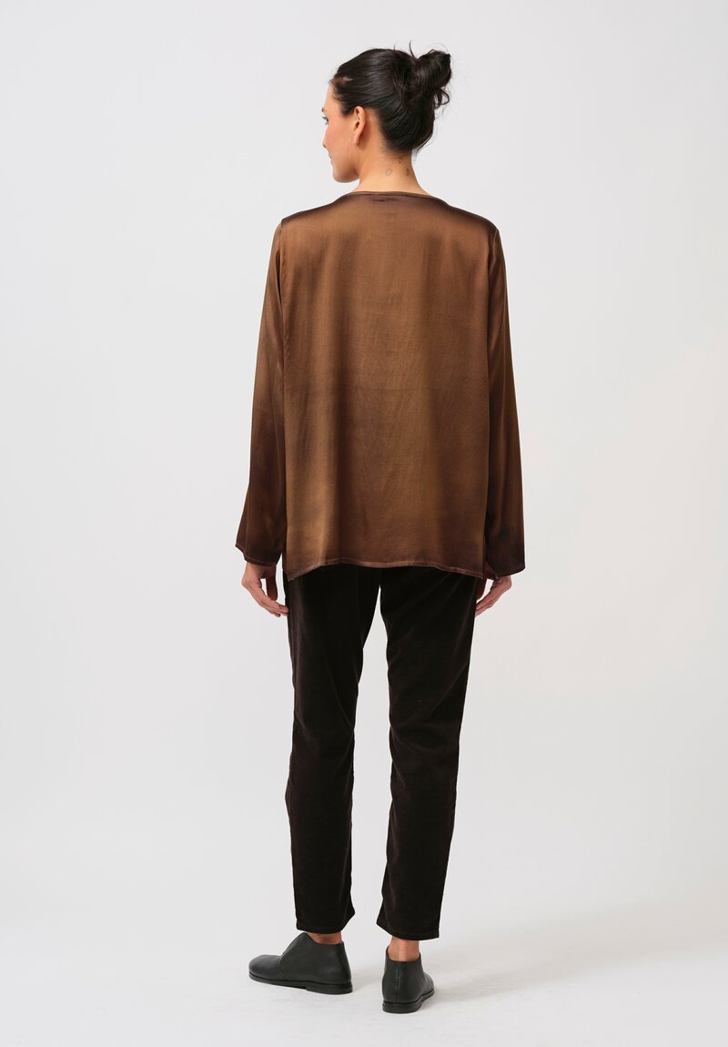 Avant Toi Hand-Painted Silk Lunga Barchetta Top in Nero Sughero Brown	