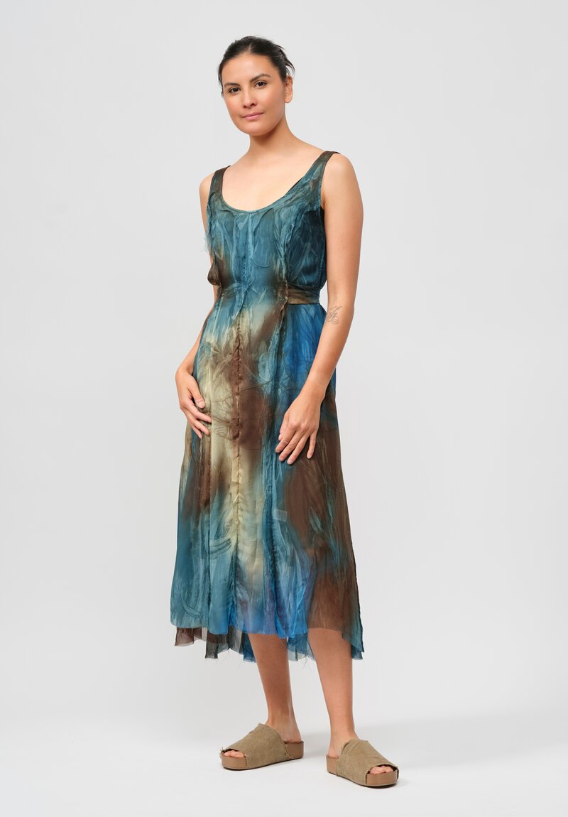 Masnada Silk Tie Back Sleeveless Dress in Petrol Print & Green	