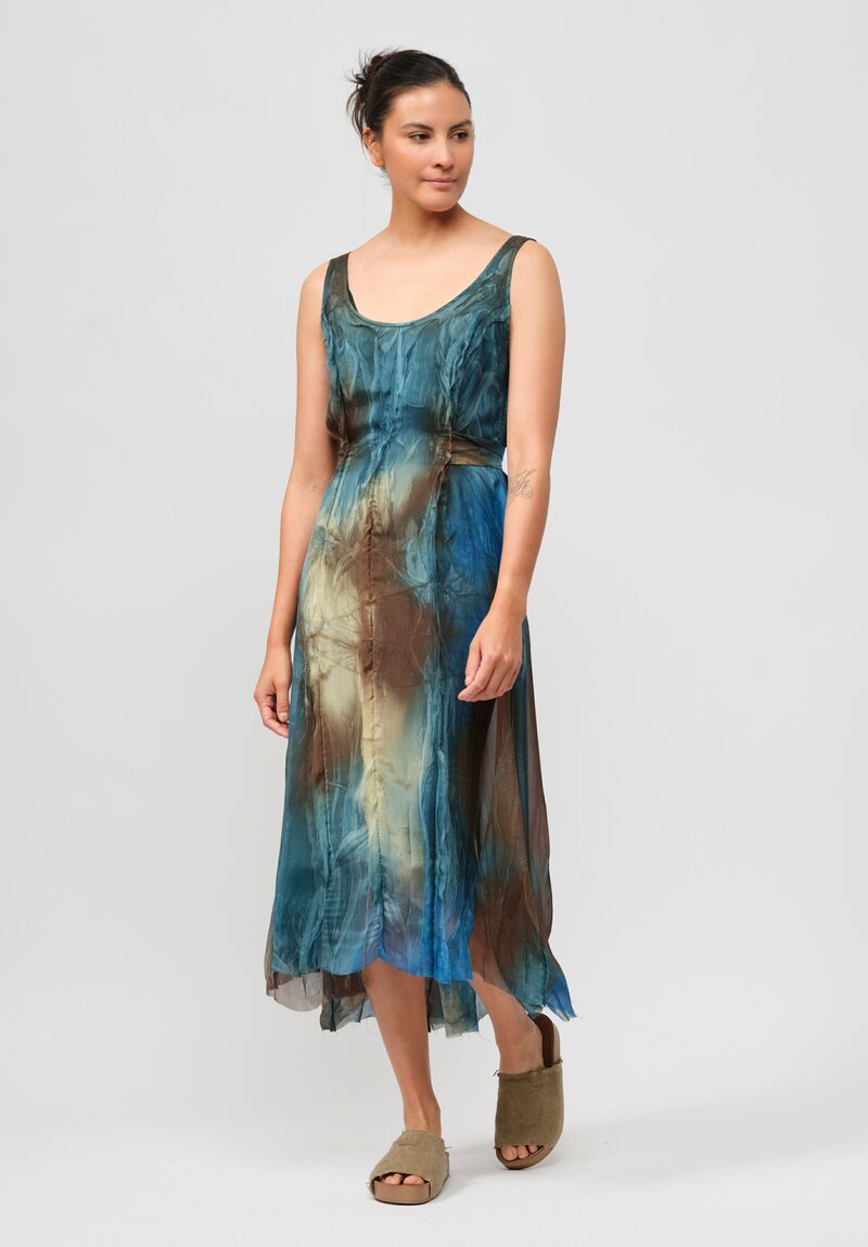 Masnada Silk Tie Back Sleeveless Dress in Petrol Print & Green	