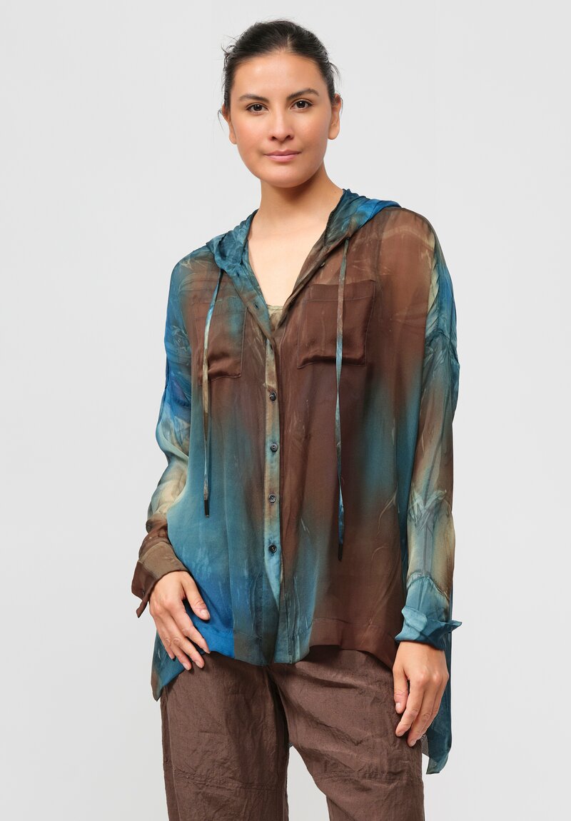 Masnada Silk Hooded Button Down Shirt with Slip in Petrol Print & Green	