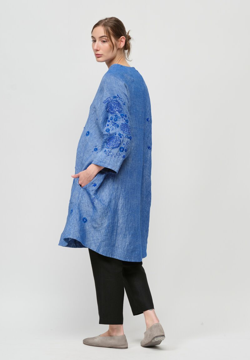 AODress Handloom Linen Sunflowers Embellished Cocoon Coat in Lapis Blue	