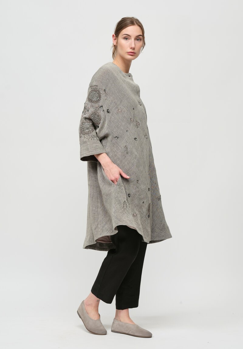 AODress Handloom Linen Sunflowers Embellished Cocoon Coat in Natural Grey	