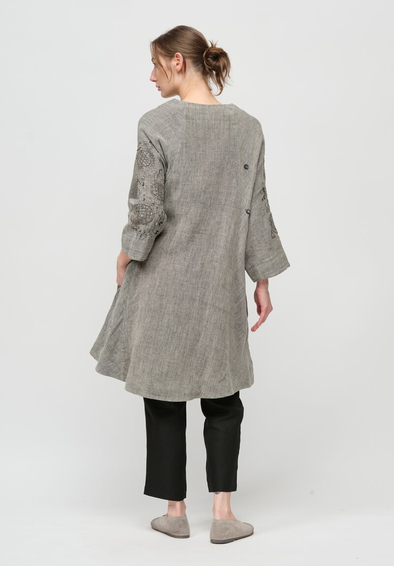 AODress Handloom Linen Sunflowers Embellished Cocoon Coat in Natural Grey	