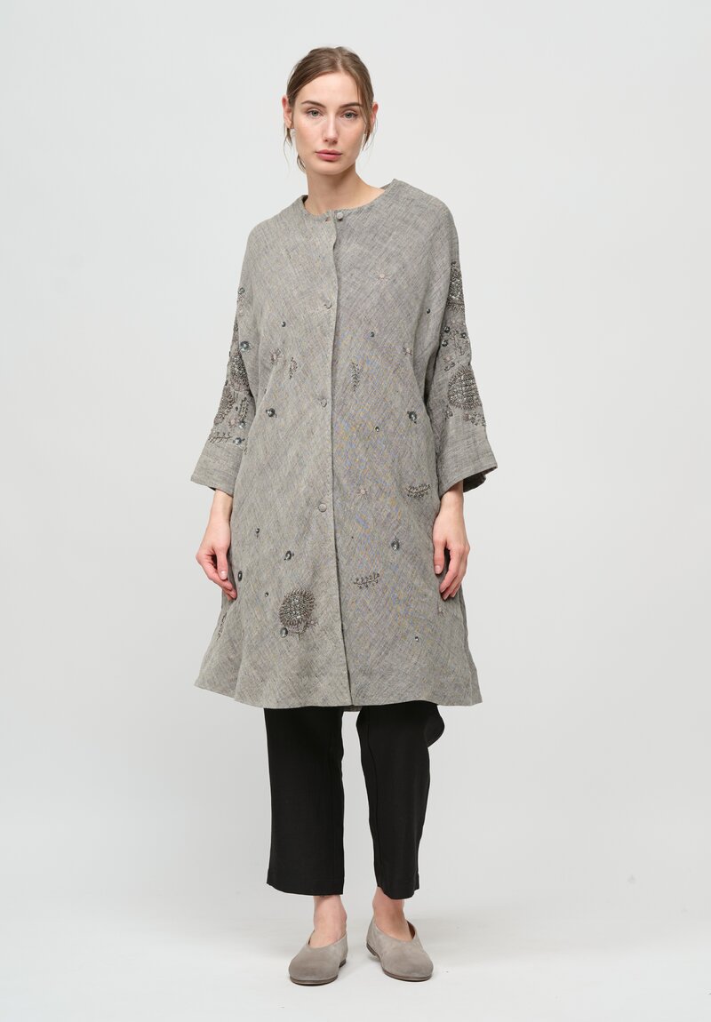 AODress Handloom Linen Sunflowers Embellished Cocoon Coat in Natural Grey 