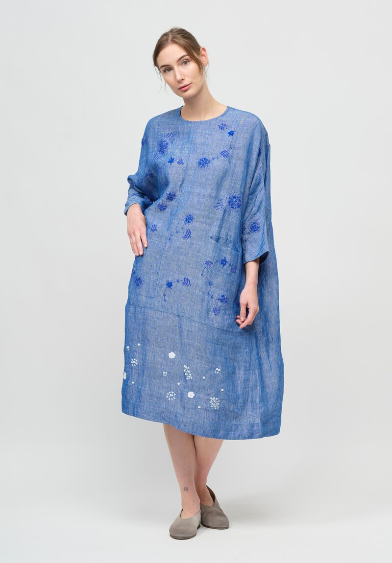AODress Handloom Linen Royal Floral Embellished Dress in Lapis Blue
