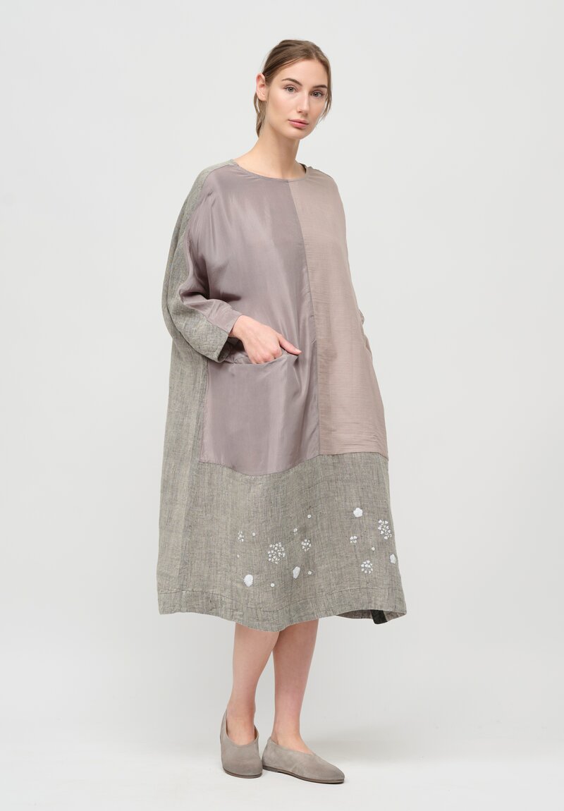 AODress Handloom Linen Patchwork Dress in Natural Grey	