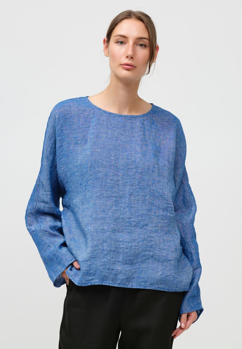 AODress Handloom Linen Loose Fit Long Sleeve Top in Lapis Blue	