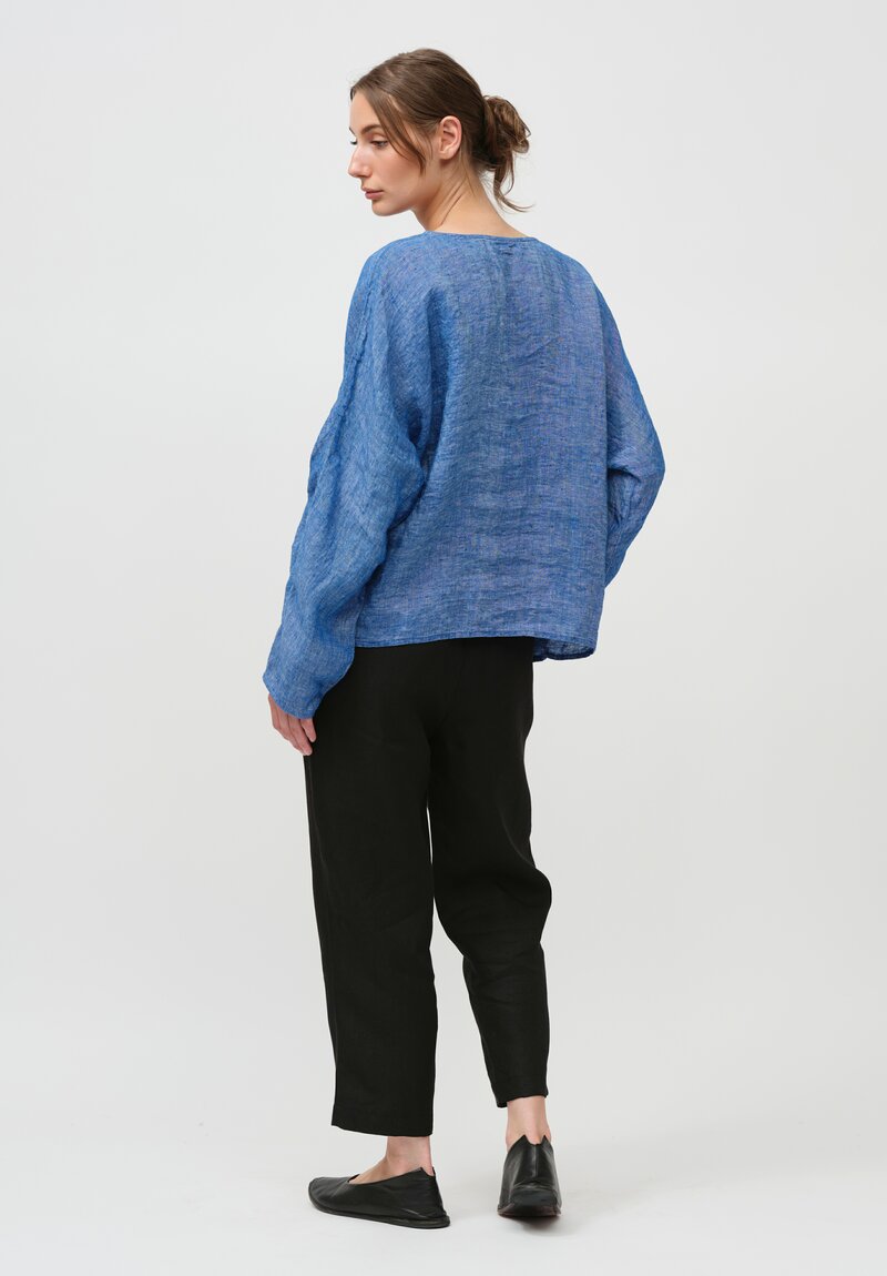 AODress Handloom Linen Loose Fit Long Sleeve Top in Lapis Blue	