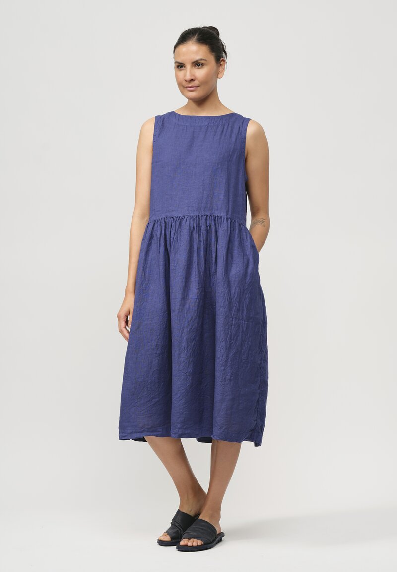 Armen Linen Overdyed Boat Neck One-Piece Sleeveless Dress in Military Blue	