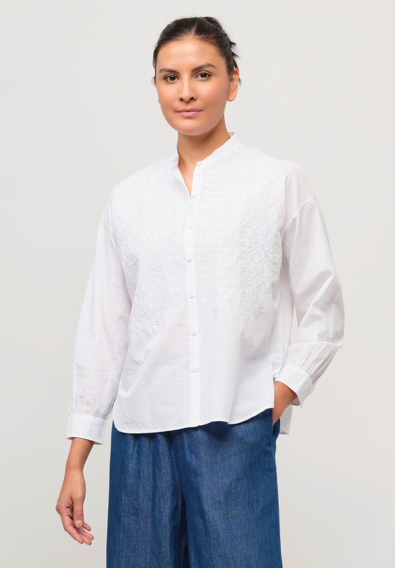 Maison de Soil Cotton Banded Collar Embroidered Shirt in White	