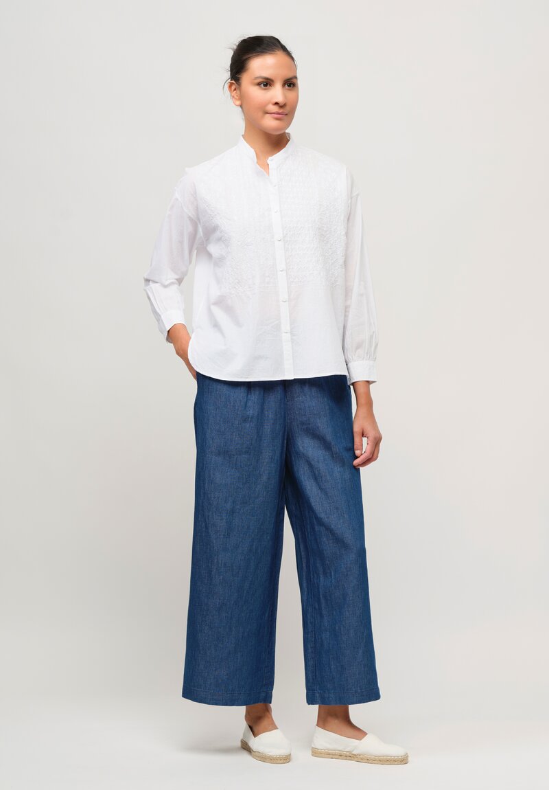 Maison de Soil Cotton Banded Collar Embroidered Shirt in White	