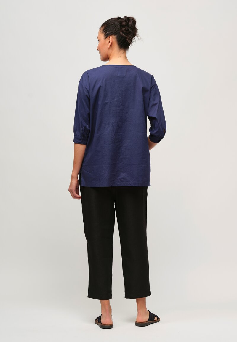 Maison De Soil Cotton Banded Collar Embroidered Shirt in Bright Navy	