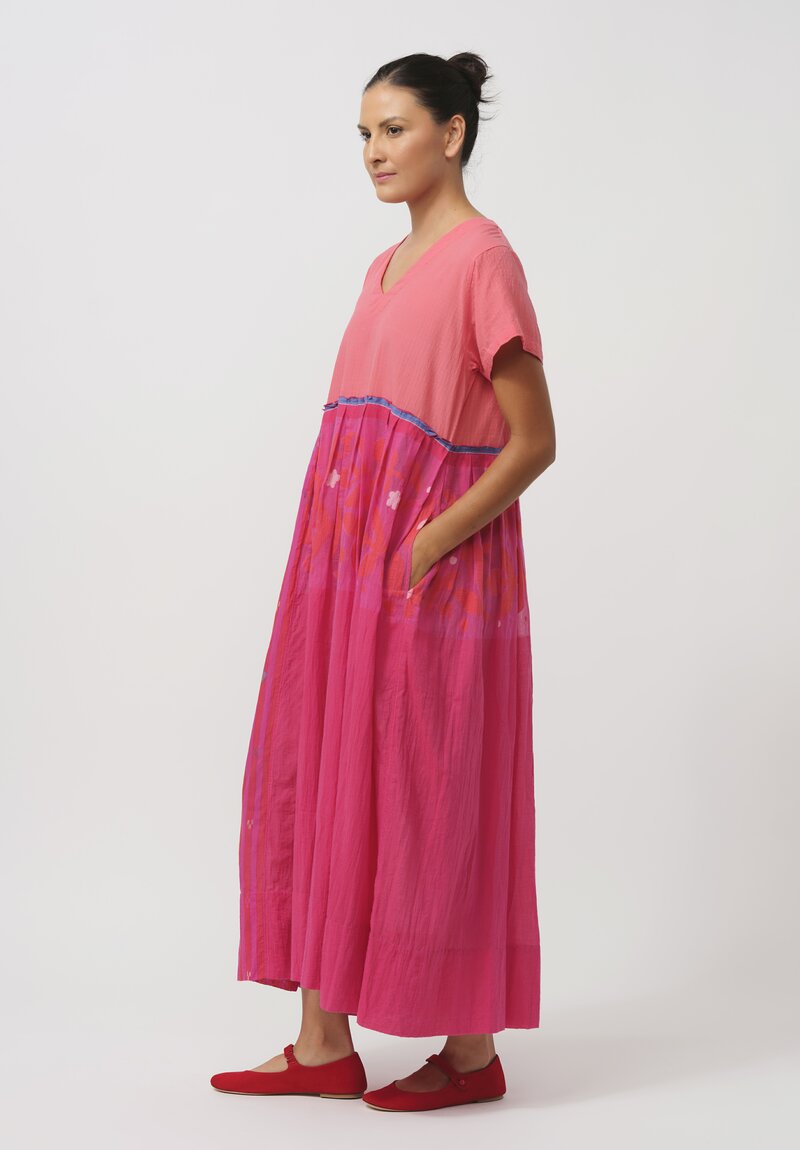 Injiri Cotton V Neck Gathered Shirt Dress in Bright Pink & Peach	