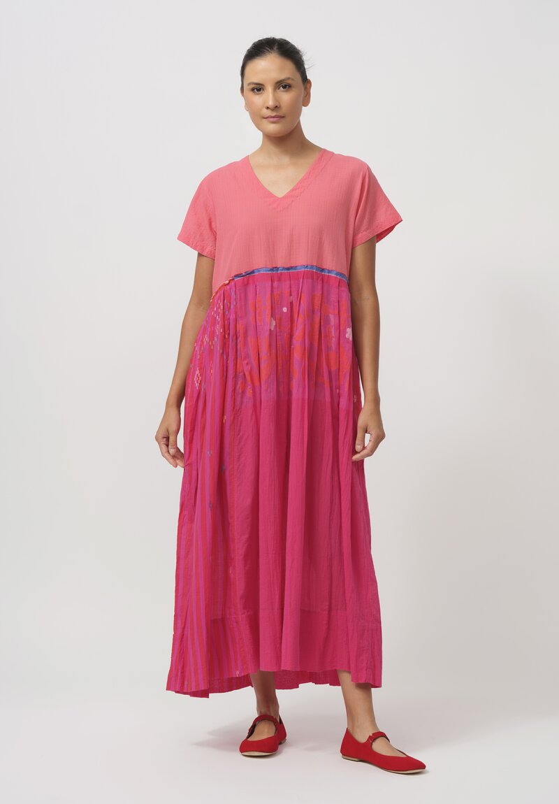 Injiri Cotton V Neck Gathered Shirt Dress in Bright Pink & Peach	