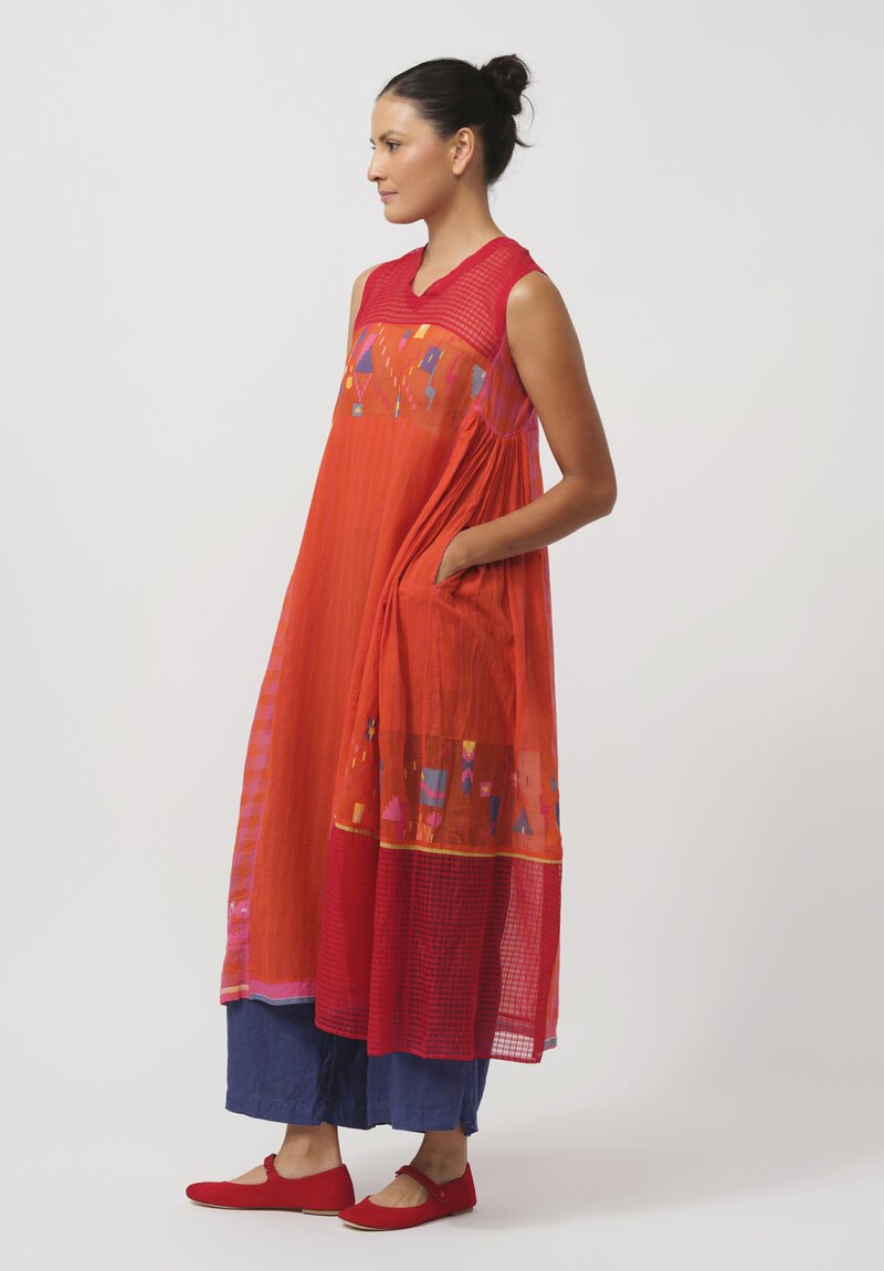 Injiri Cotton & Silk Sleeveless V Neck Dress in Orange & Red	