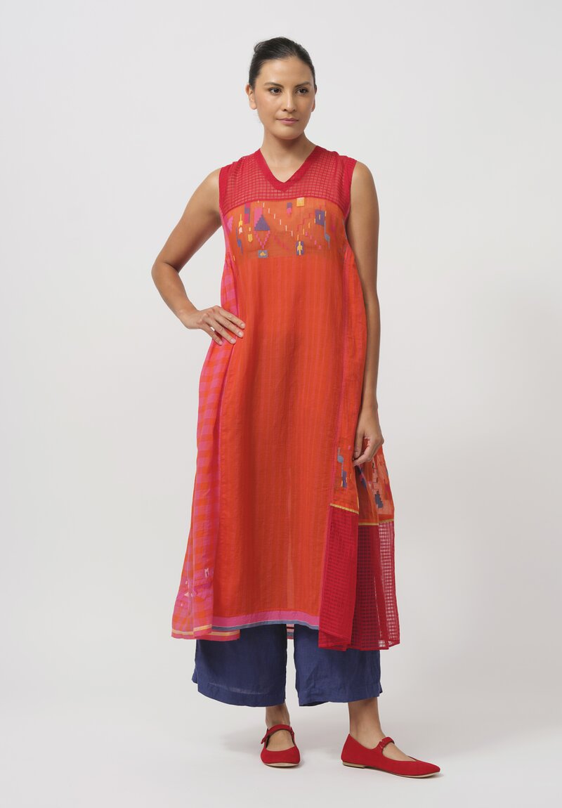 Injiri Cotton & Silk Sleeveless V Neck Dress in Orange & Red	