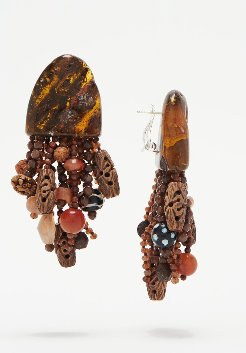 Monies Amber, Antique Bone, Rose Wood, Agate & Carneol Earrings	