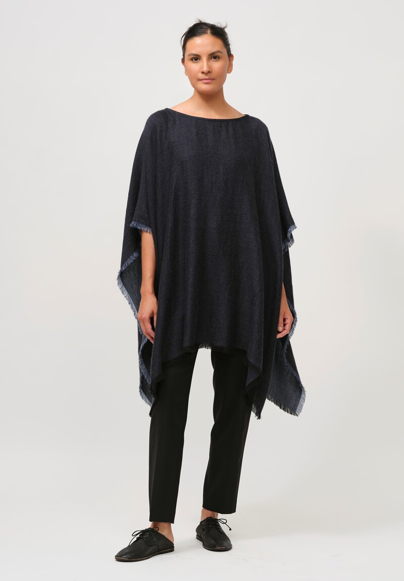 Alonpi Cashmere & Silk Camilla Poncho with Fringe in Navy Blue	