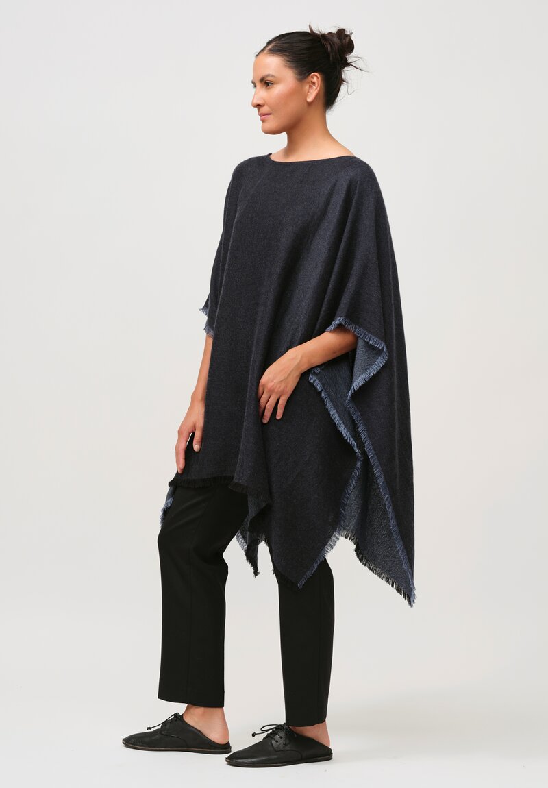 Alonpi Cashmere & Silk Camilla Poncho with Fringe in Navy Blue	