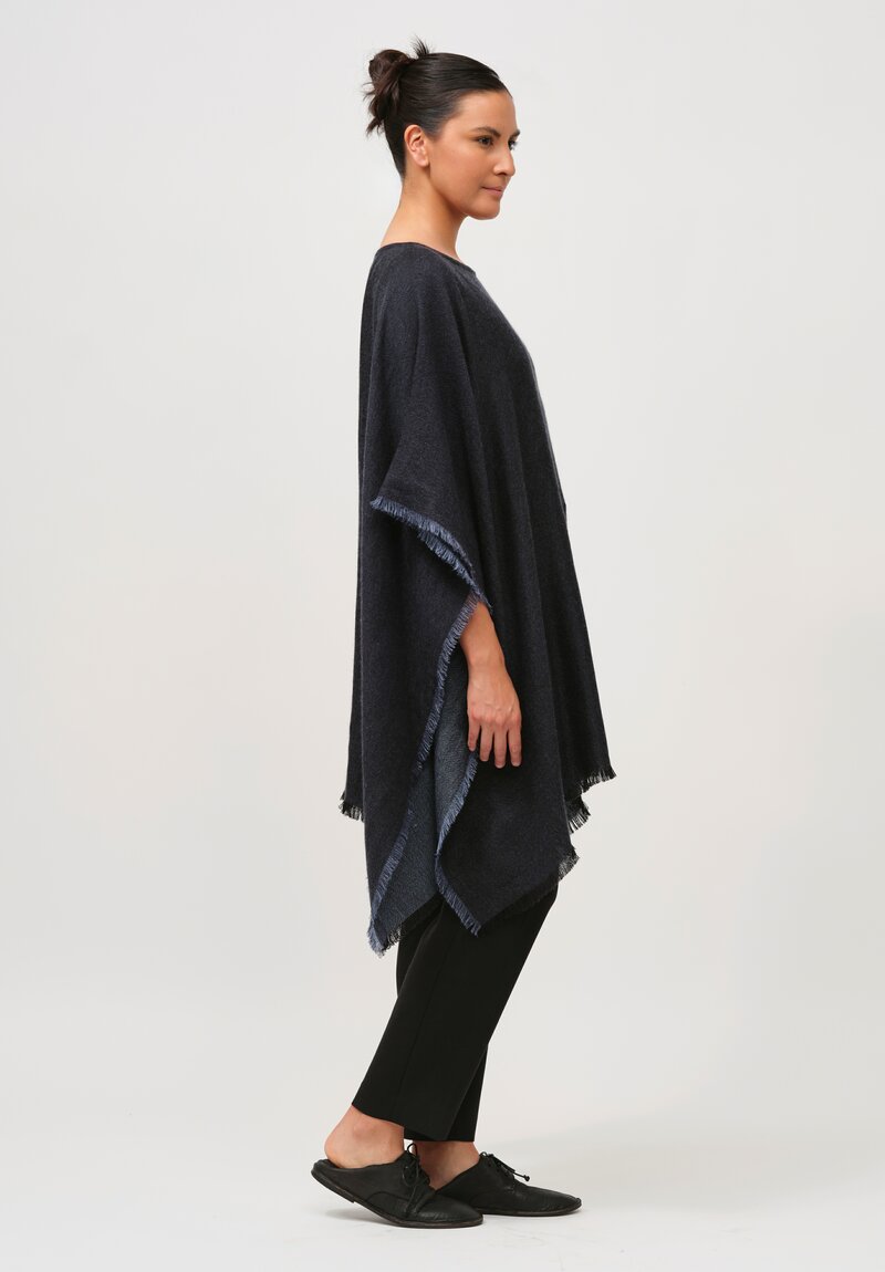 Alonpi Cashmere & Silk Camilla Poncho with Fringe in Navy Blue	