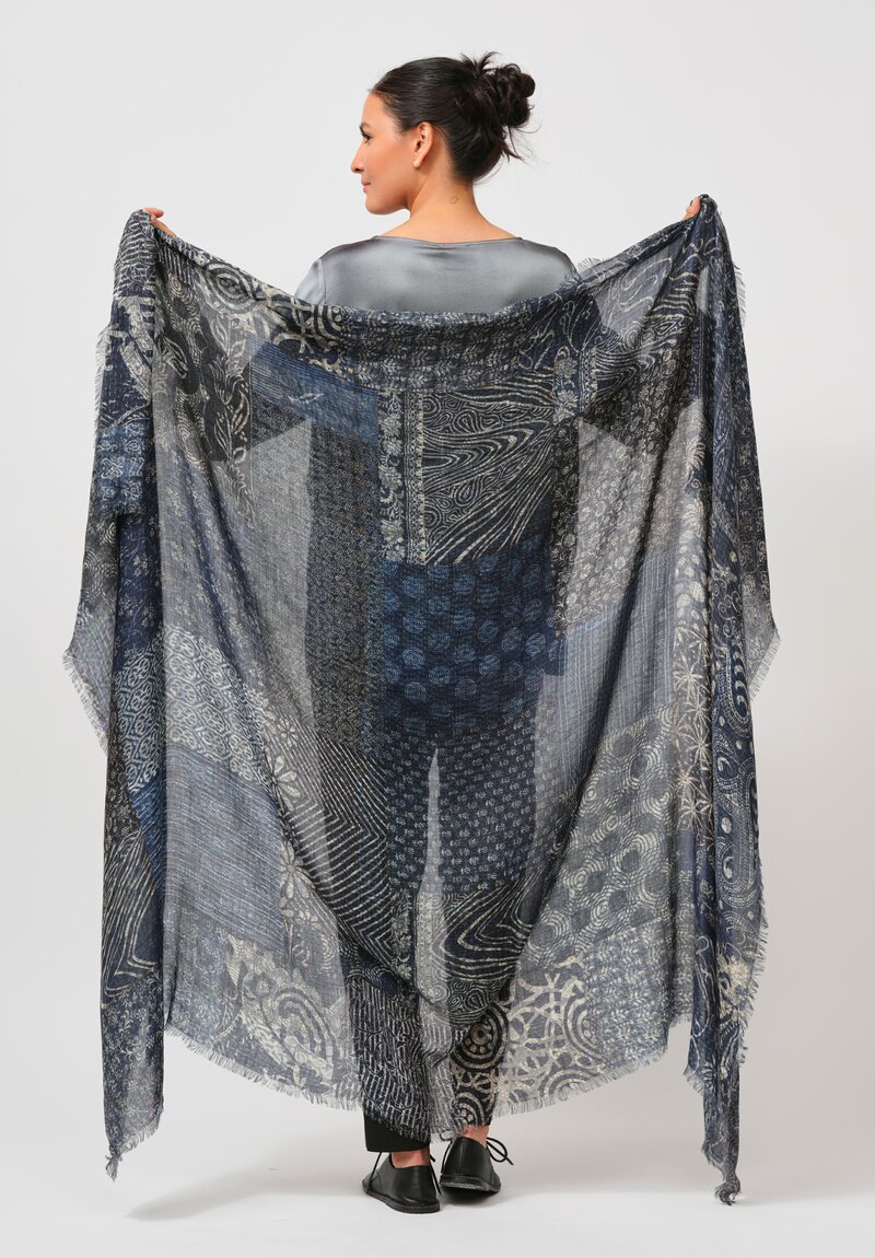 Alonpi Cashmere Large Silk Printed Scarf in Navy Blue	