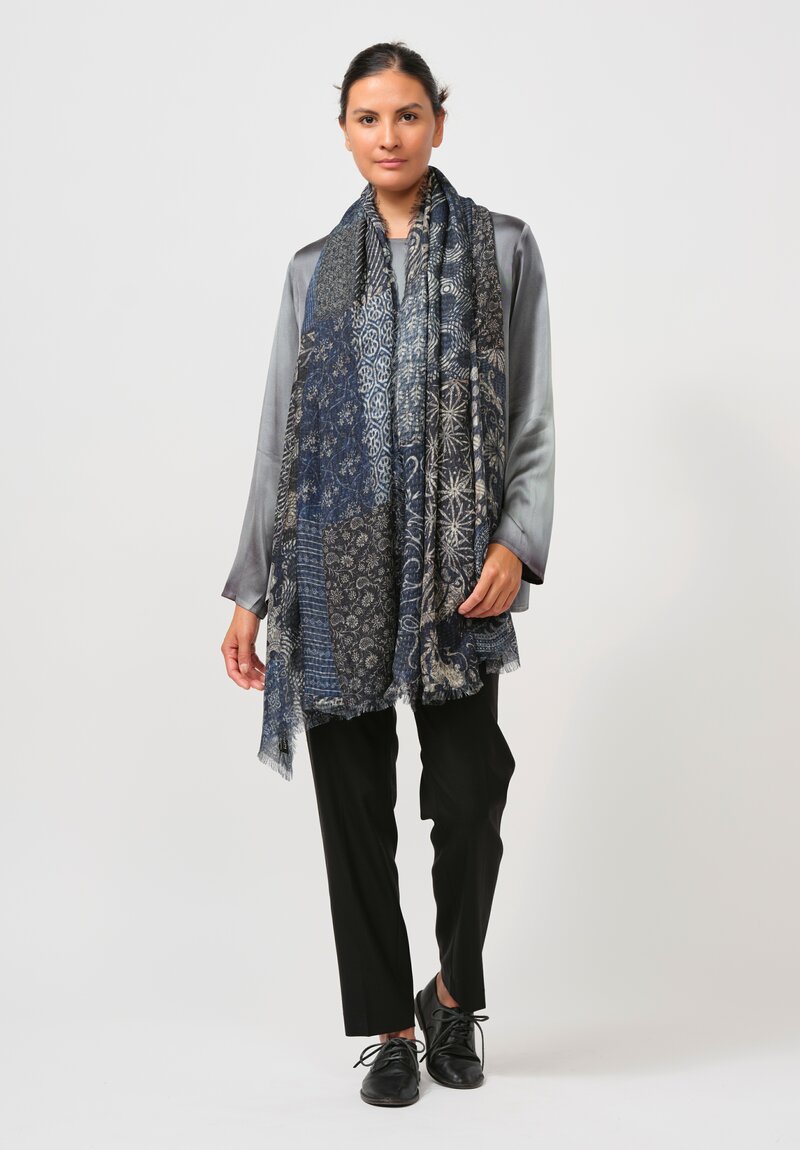 Alonpi Cashmere Large Silk Printed Scarf in Navy Blue	