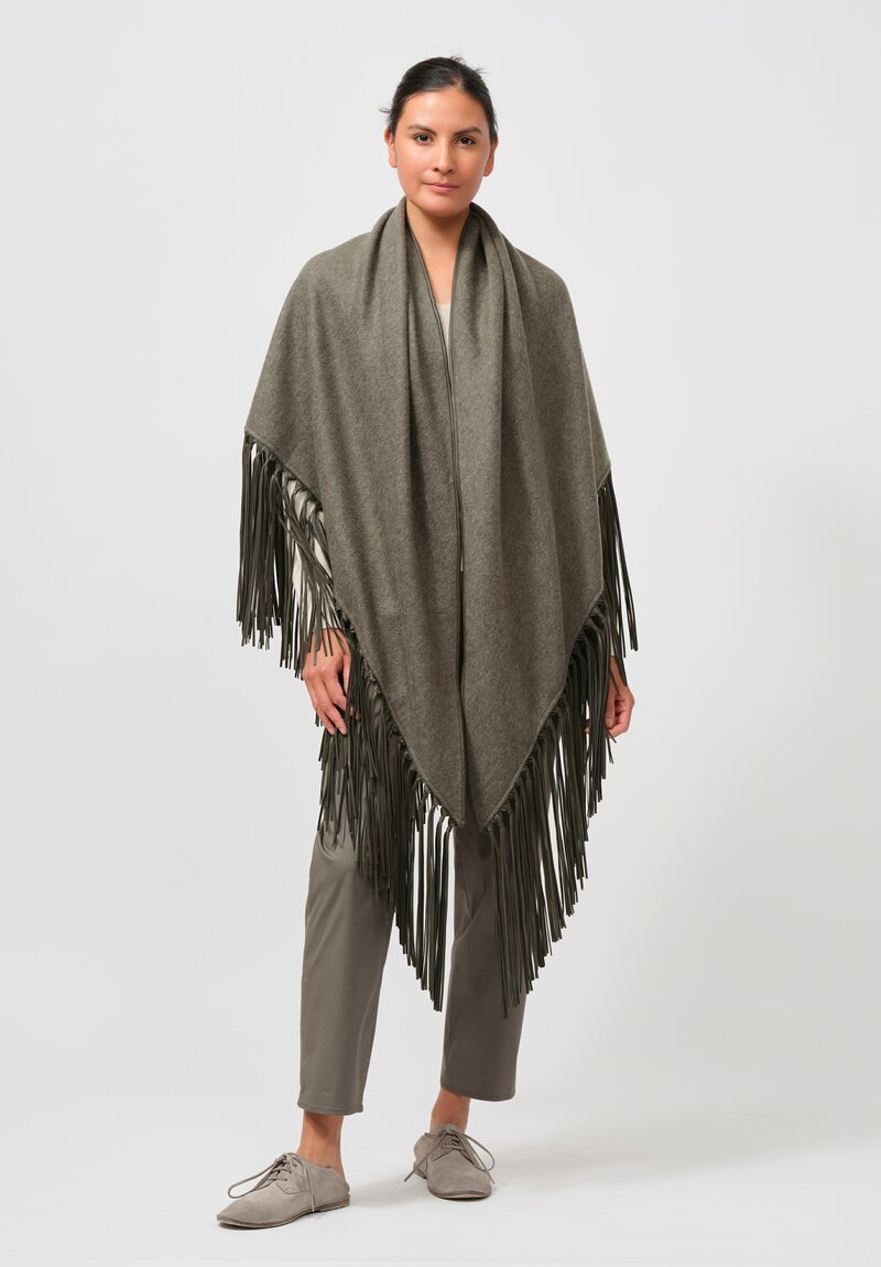 Alonpi Cashmere Mantello Triangolo Shawl with Leather Fringe in Forest Green	