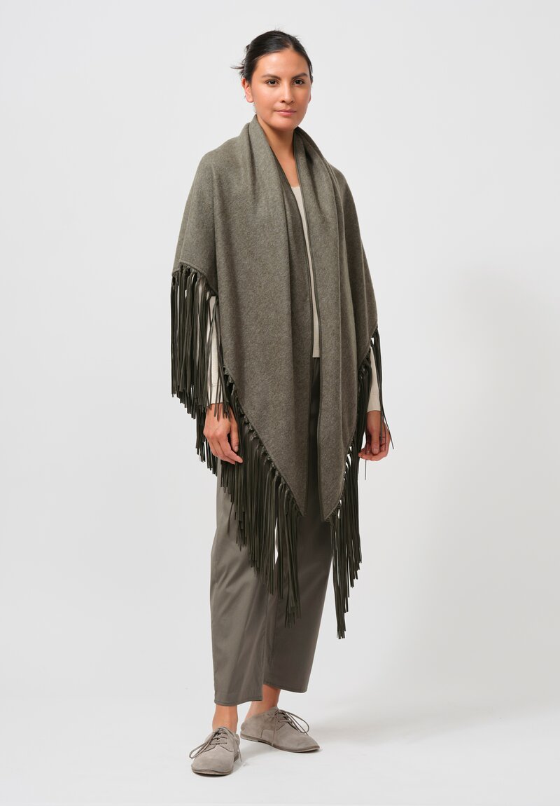 Alonpi Cashmere Mantello Triangolo Shawl with Leather Fringe in Forest Green	