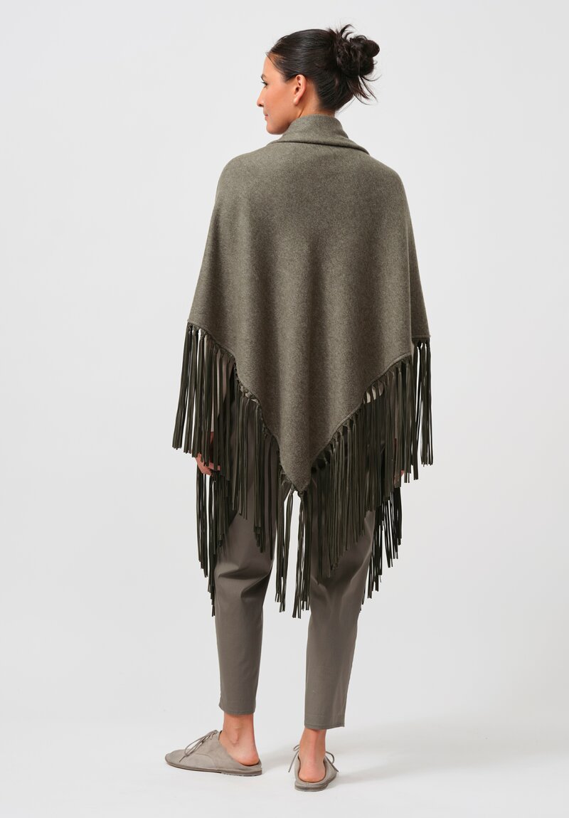 Alonpi Cashmere Mantello Triangolo Shawl with Leather Fringe in Forest Green	