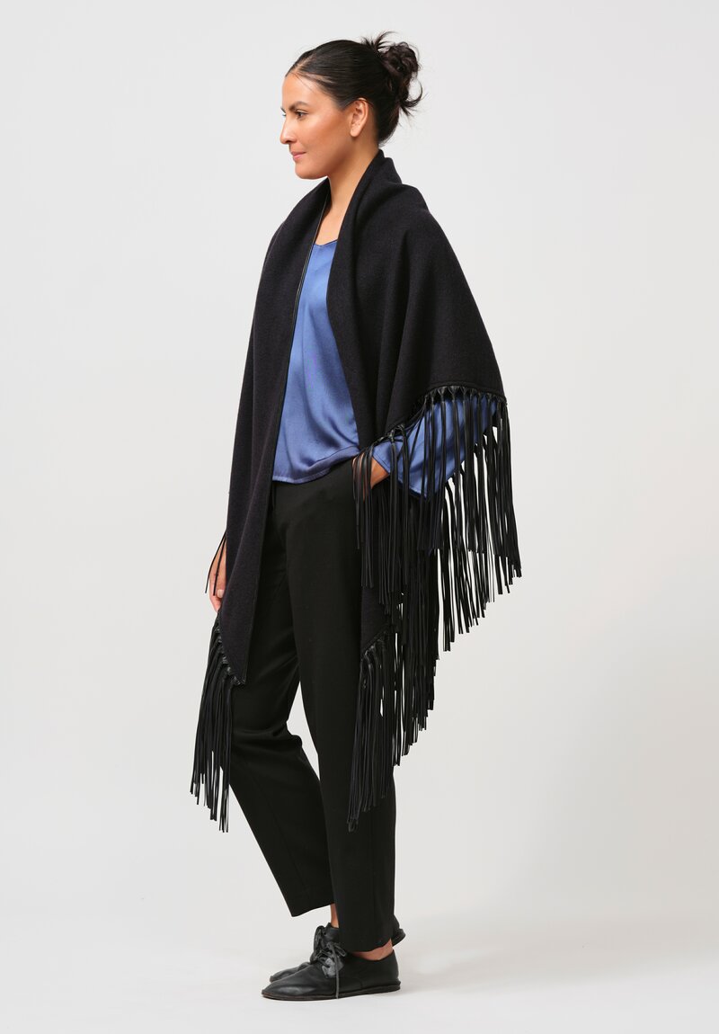 Alonpi Cashmere Mantello Triangolo Shawl with Leather Fringe in Hurricane Blue	