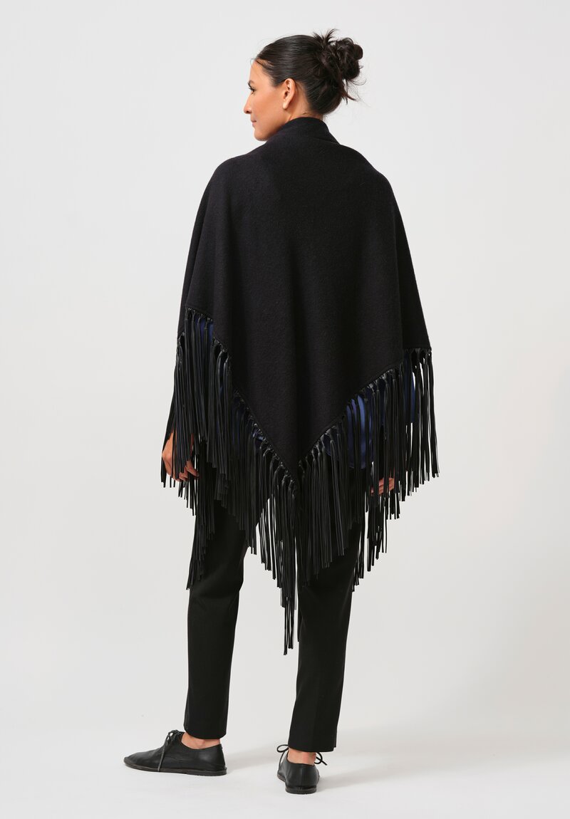 Alonpi Cashmere Mantello Triangolo Shawl with Leather Fringe in Hurricane Blue	