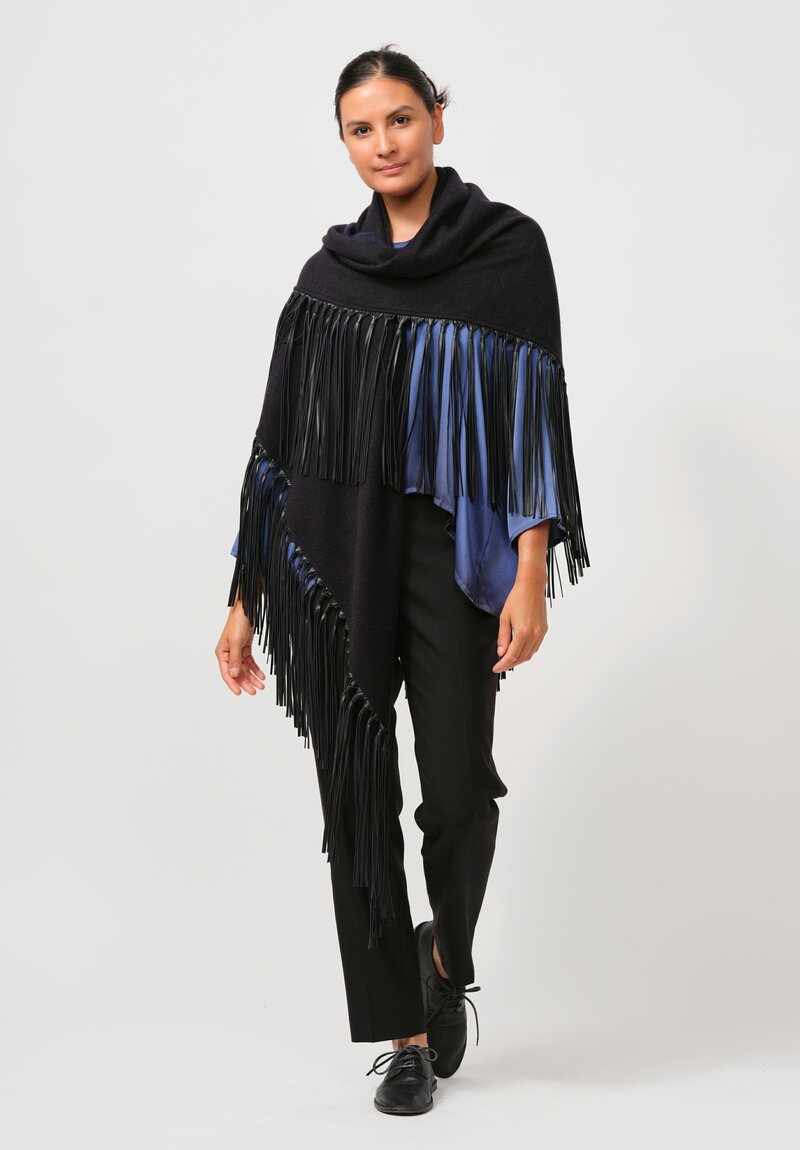 Alonpi Cashmere Mantello Triangolo Shawl with Leather Fringe in Hurricane Blue	