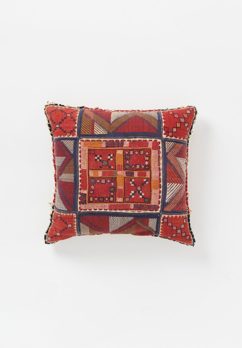 Vintage Banjara Textile Pillow with Cowrie Shells in Red & Blue Multi	