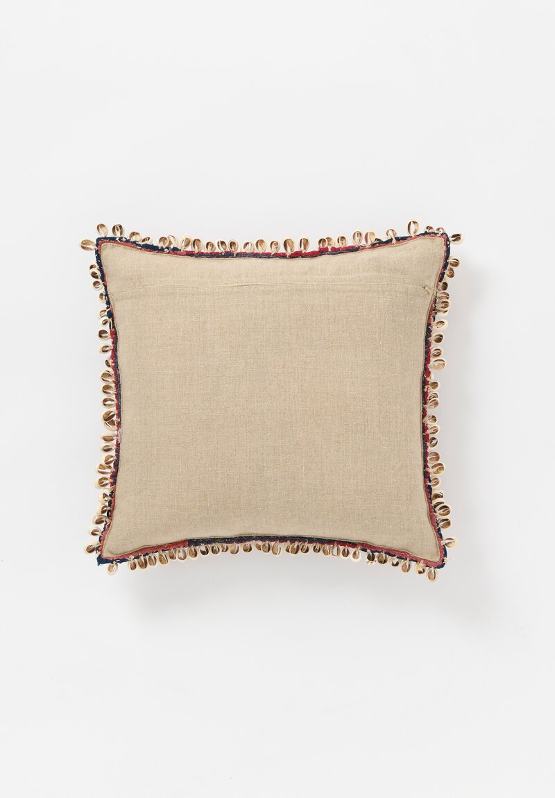 Vintage Banjara Textile Pillow with Cowrie Shells in Red & Blue Multi	