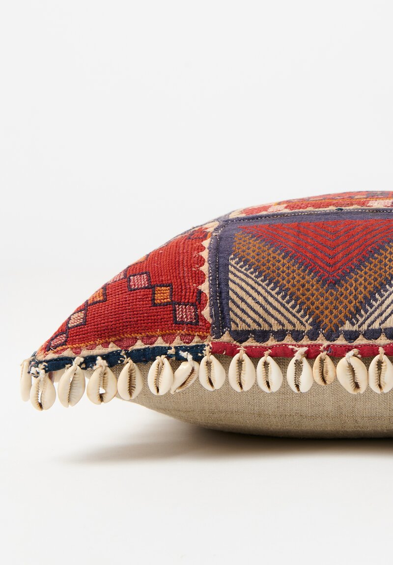 Vintage Banjara Textile Pillow with Cowrie Shells in Red & Blue Multi	