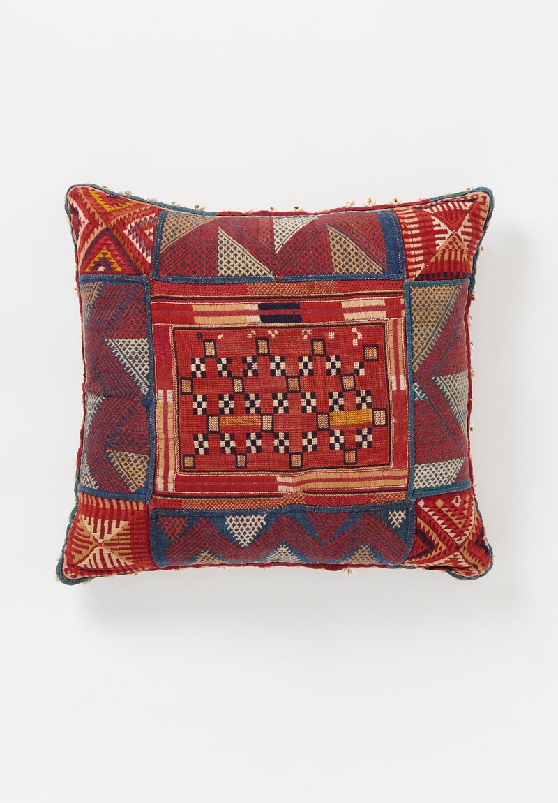 Antique and Vintage Banjara Textile Pillow with Cowrie Shells in Red & Blue Multi	