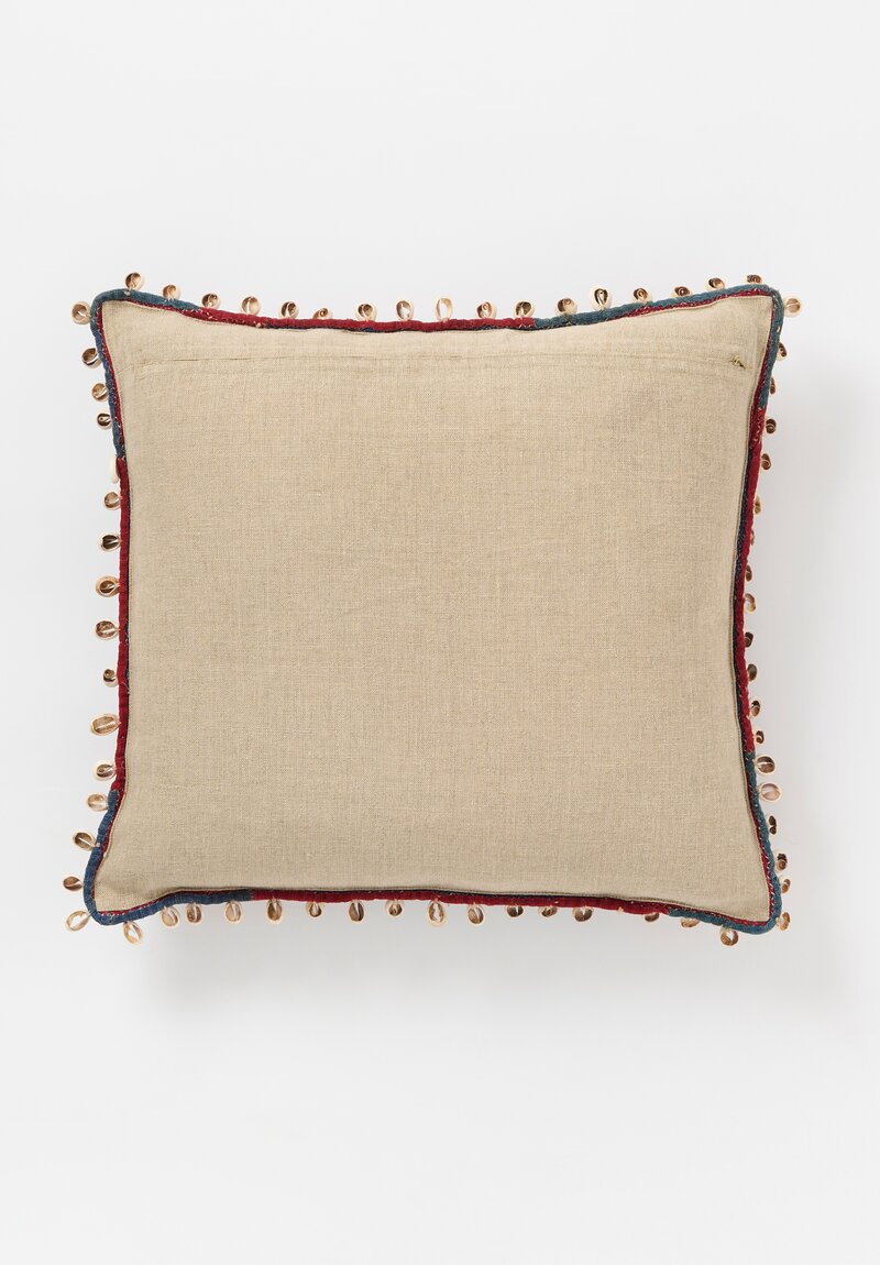 Antique and Vintage Banjara Textile Pillow with Cowrie Shells in Red & Blue Multi	